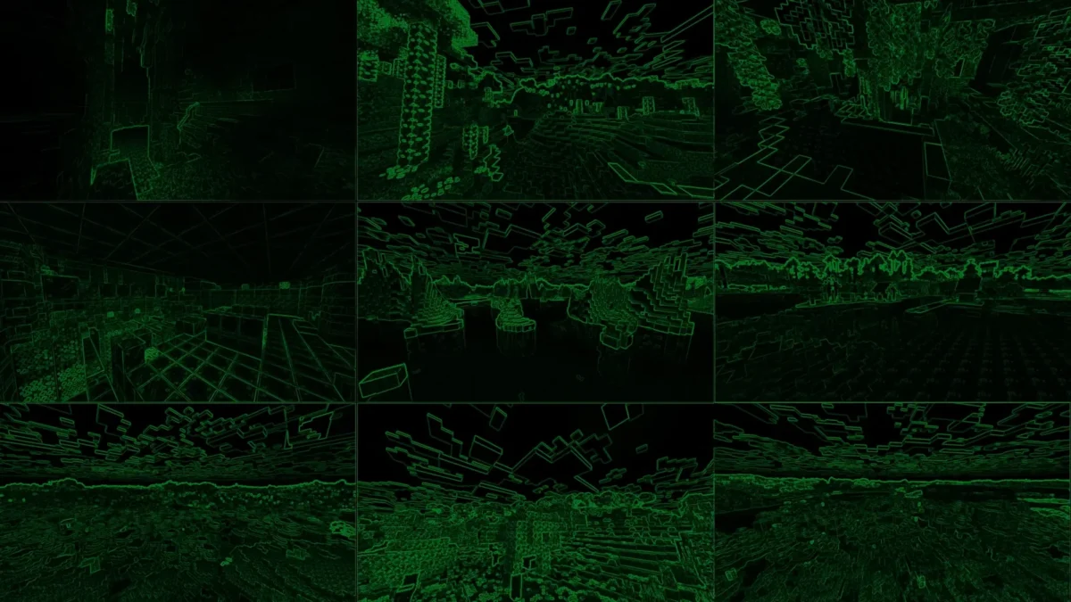 Montage de paysages Minecraft représentés en contours verts dans la vidéo de simulation de RedLogic