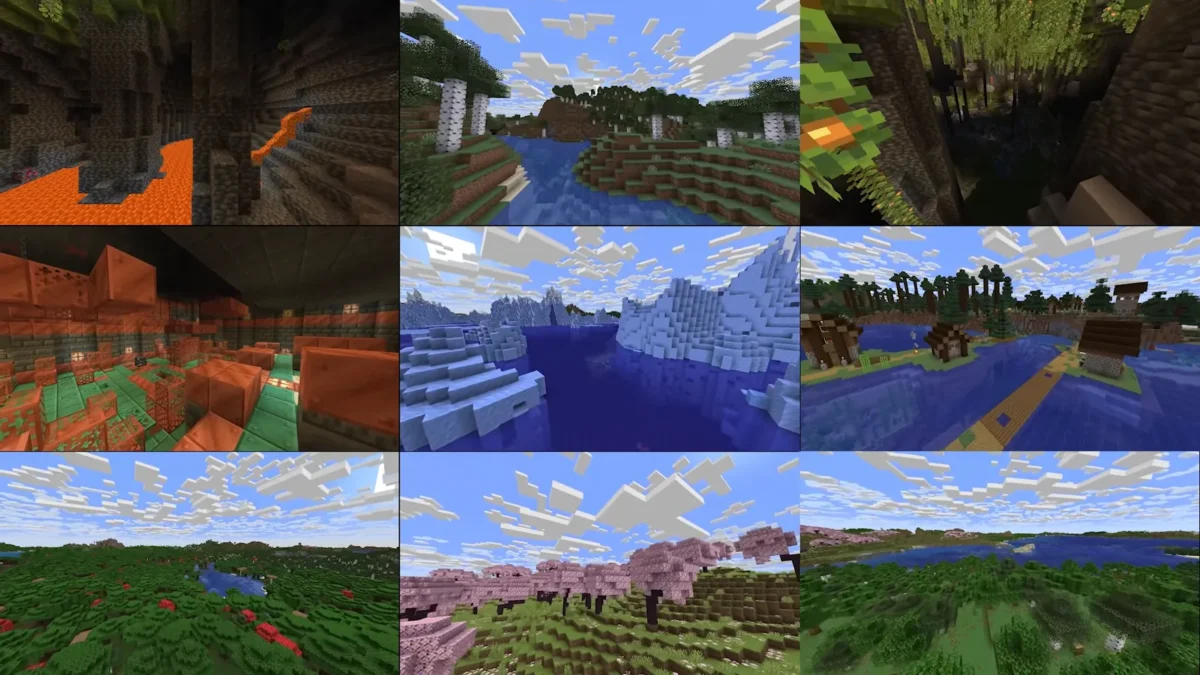 Montage de neuf vues Minecraft montrant grottes, forêts, village, cerisiers et paysages de glace