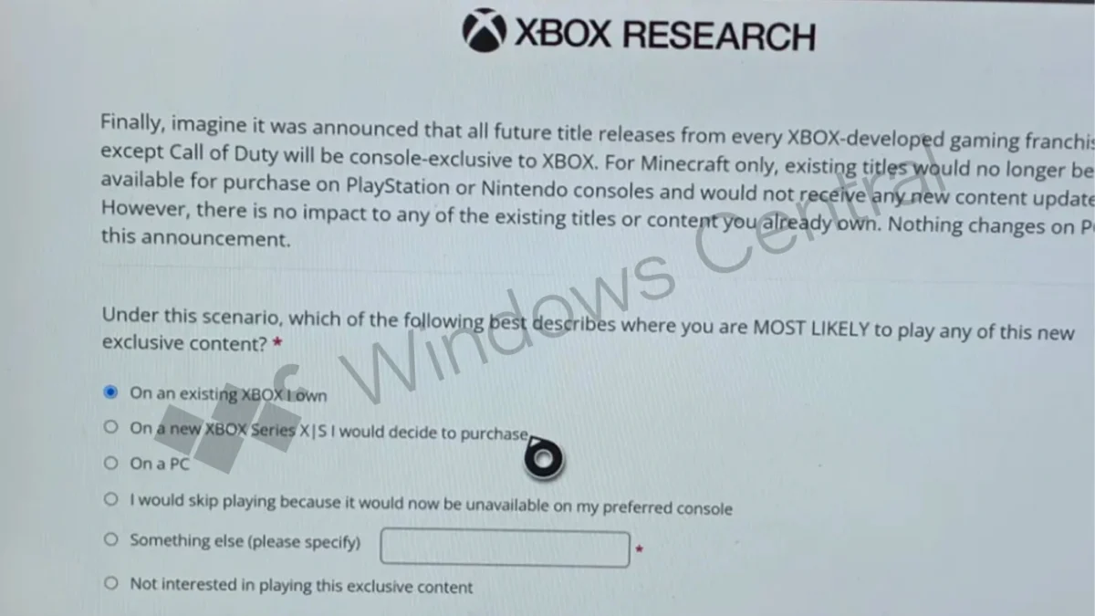 Questionnaire Xbox Research évoquant l’arrêt des ventes et des nouveaux contenus Minecraft sur PlayStation et Nintendo