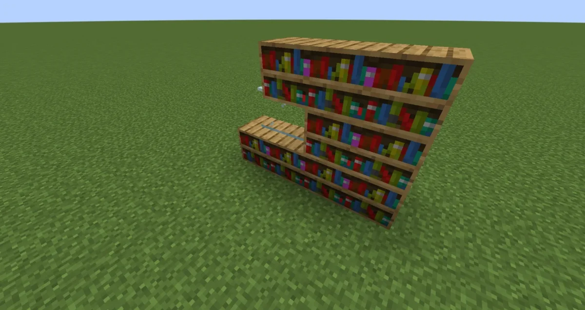 Bibliothèques Minecraft empilées montrant des rangées de livres reliées avec le pack de textures connectées