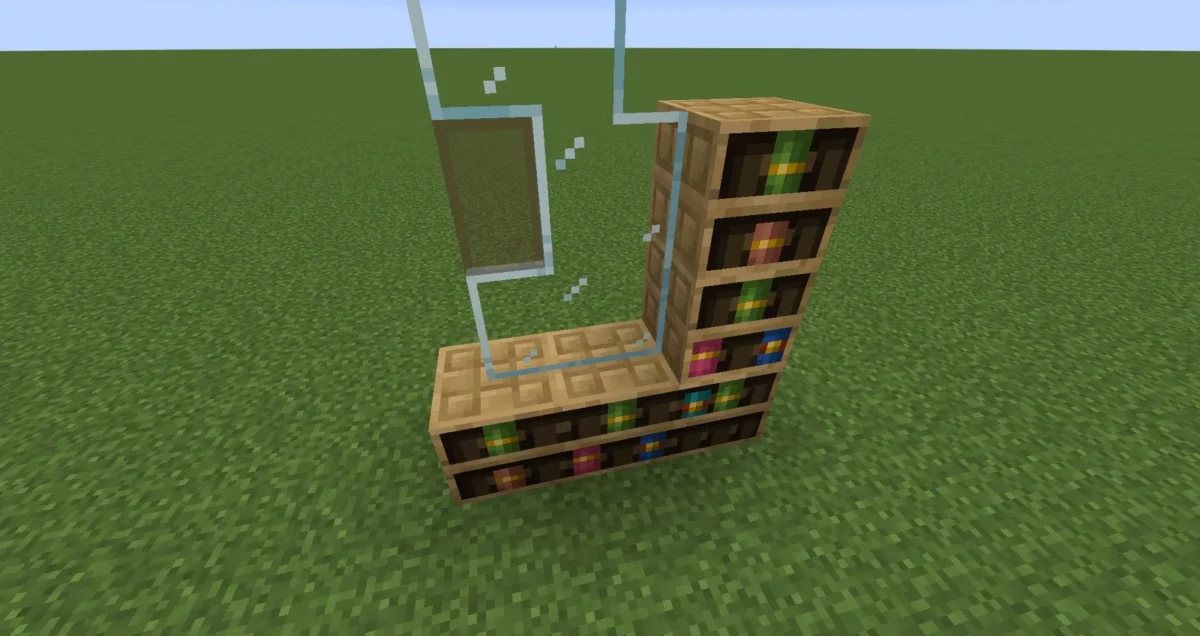 Vitres et bibliothèques sculptées Minecraft assemblées pour montrer les raccords du pack Midnighttigger Default Connected Textures