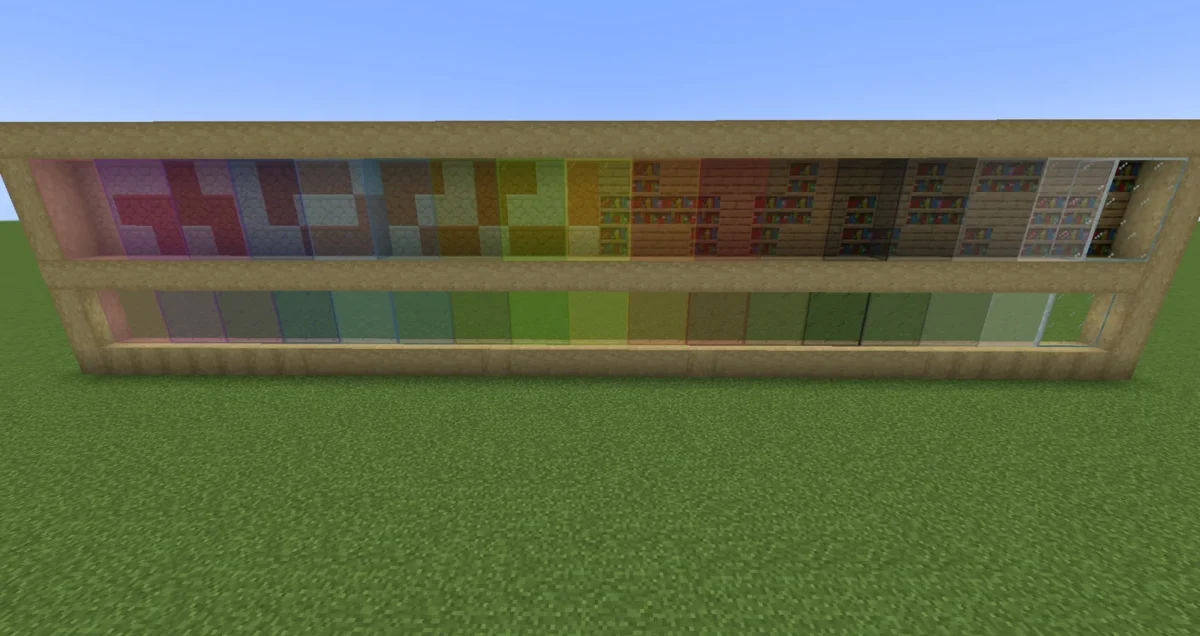Mur de démonstration Minecraft présentant plusieurs couleurs de verre et des blocs aux textures connectées