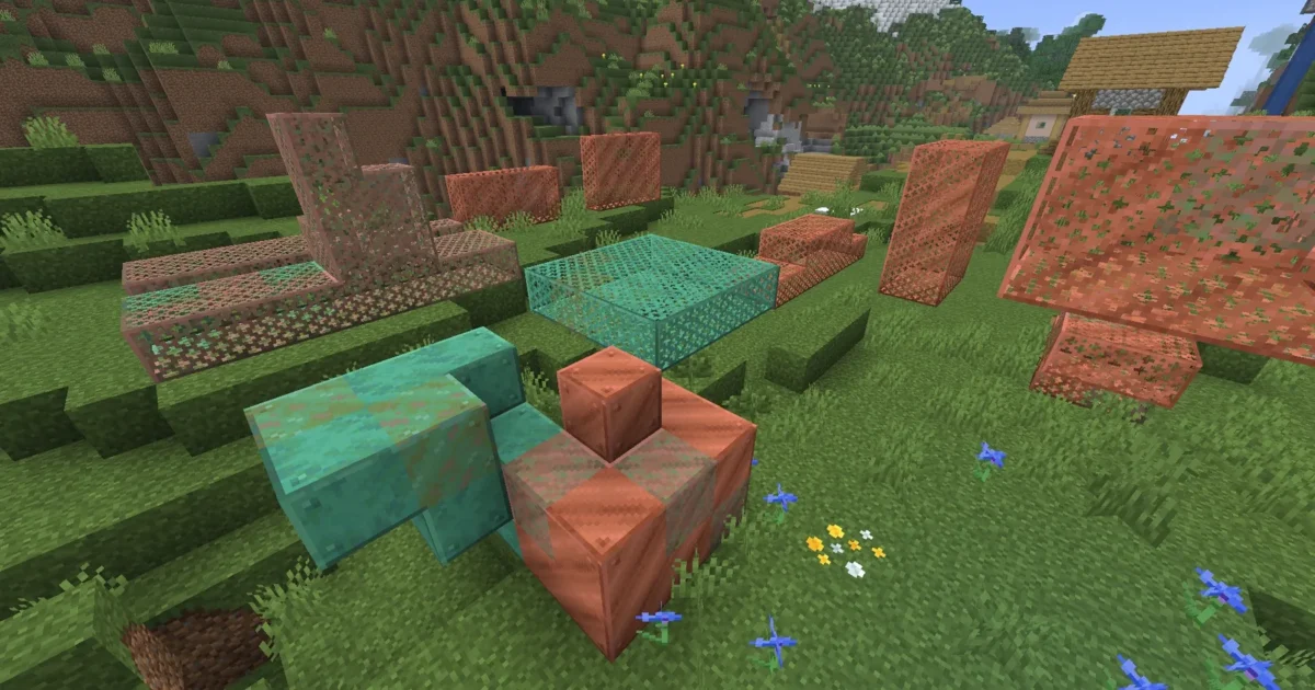 Blocs et grilles de cuivre à plusieurs stades d’oxydation dans la démonstration Minecraft des textures connectées