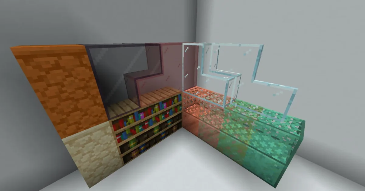 Verre grès bibliothèques et cuivre Minecraft montrant les raccords de textures du pack Midnighttigger Default Connected Textures
