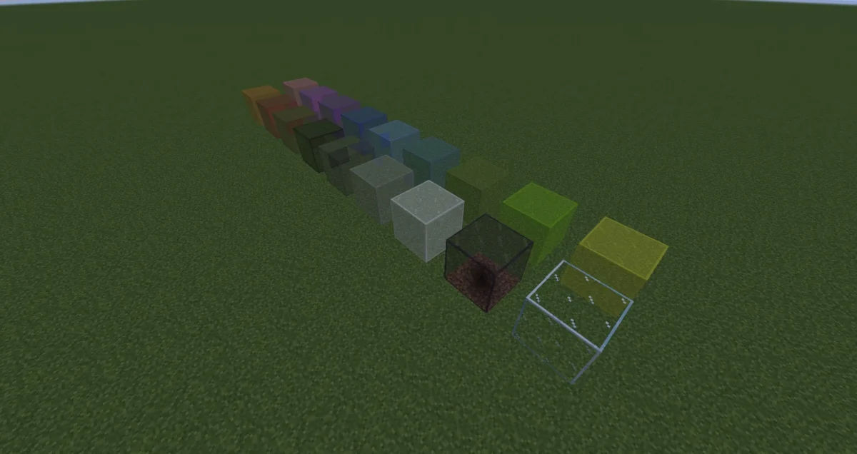 Collection de blocs de verre colorés Minecraft montrant leurs raccords avec le pack de Midnighttigger