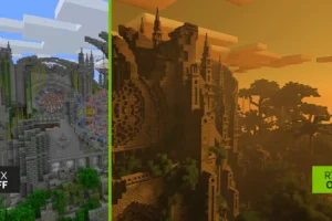 NVIDIA apporte RTX Remix à Minecraft Java, mais sa démo divise Montage officiel comparant Minecraft Java avec et sans RTX Remix sur une cathédrale construite par Blockworks