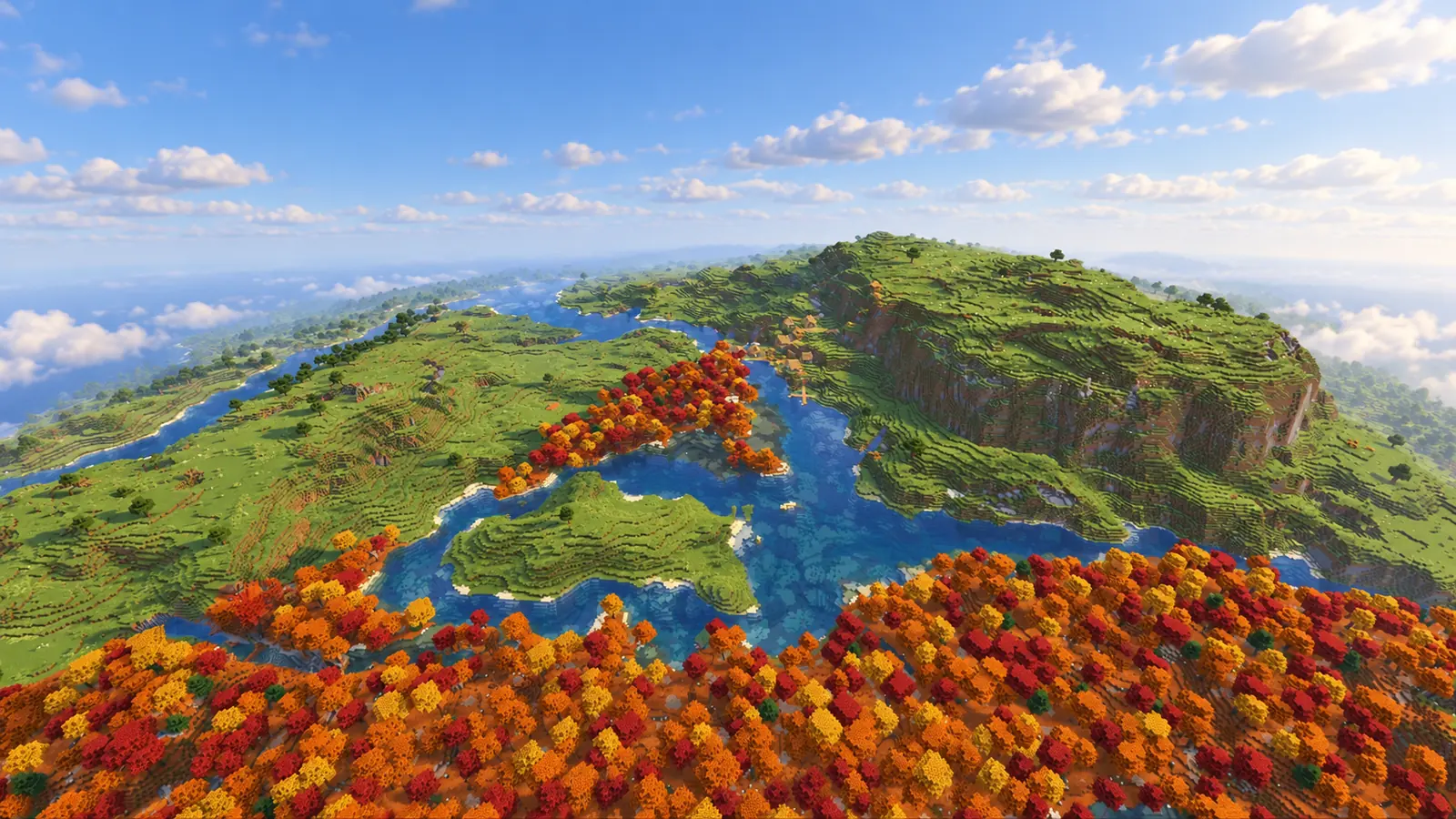Rivière ramifiée entre une forêt tachetée rouge et orange des plaines verdoyantes et une grande colline dans Minecraft