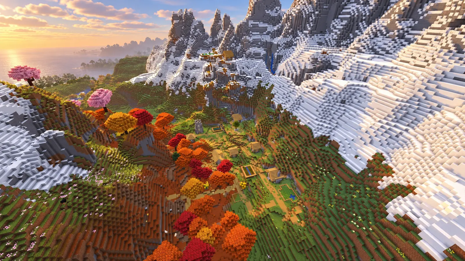 Village niché entre une forêt tachetée aux couleurs automnales et une immense paroi montagneuse enneigée dans Minecraft