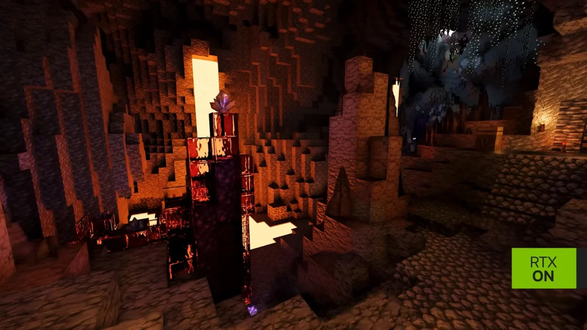 Caverne de blocs sombres traversée de sources lumineuses orangées dans la démonstration Minecraft Java RTX Remix