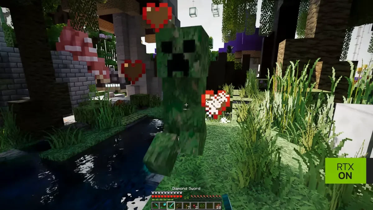 Creeper et particules visibles près de végétation et de reflets dans une séquence Minecraft Java RTX Remix