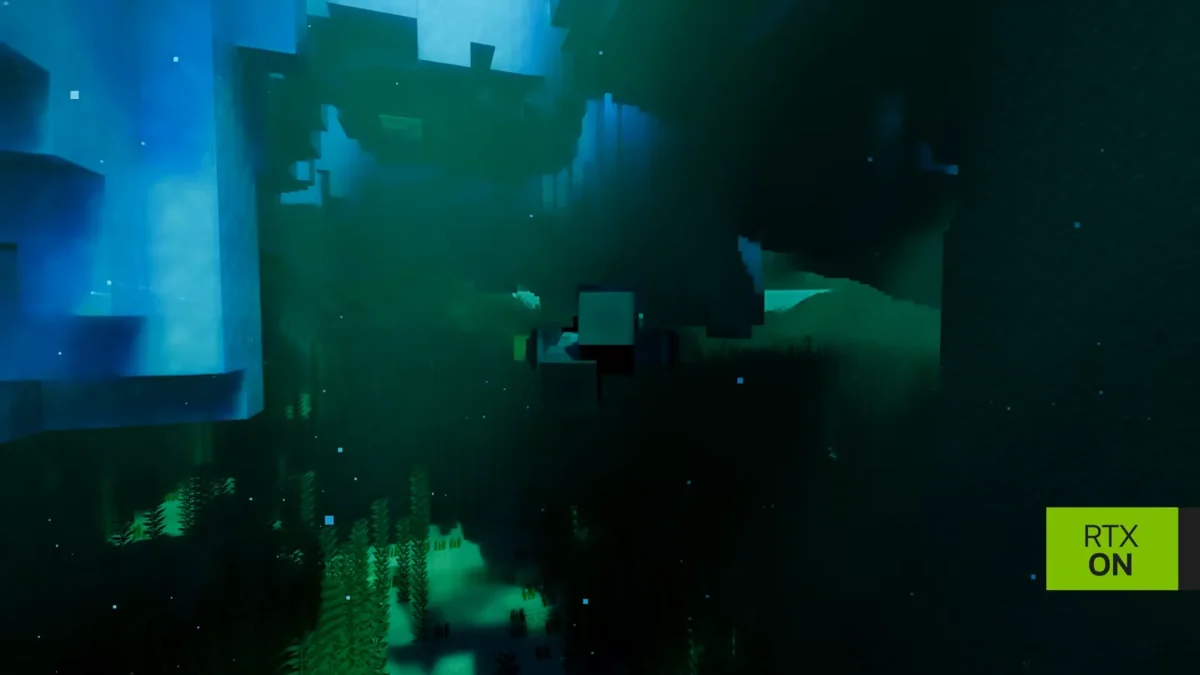 Construction immergée éclairée de lumière turquoise dans la démonstration Minecraft Java de NVIDIA RTX Remix