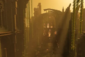 NVIDIA apporte le path tracing à Minecraft Java avec une bêta de RTX Remix Lumière dorée traversant les arches d’une cathédrale de Blockworks dans Minecraft Java avec RTX Remix