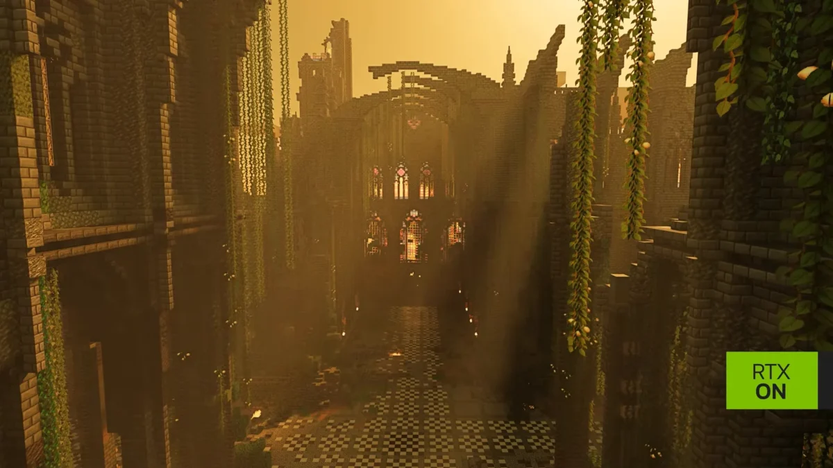 Lumière dorée traversant une grande salle de cathédrale construite dans la carte Minecraft Java de Blockworks