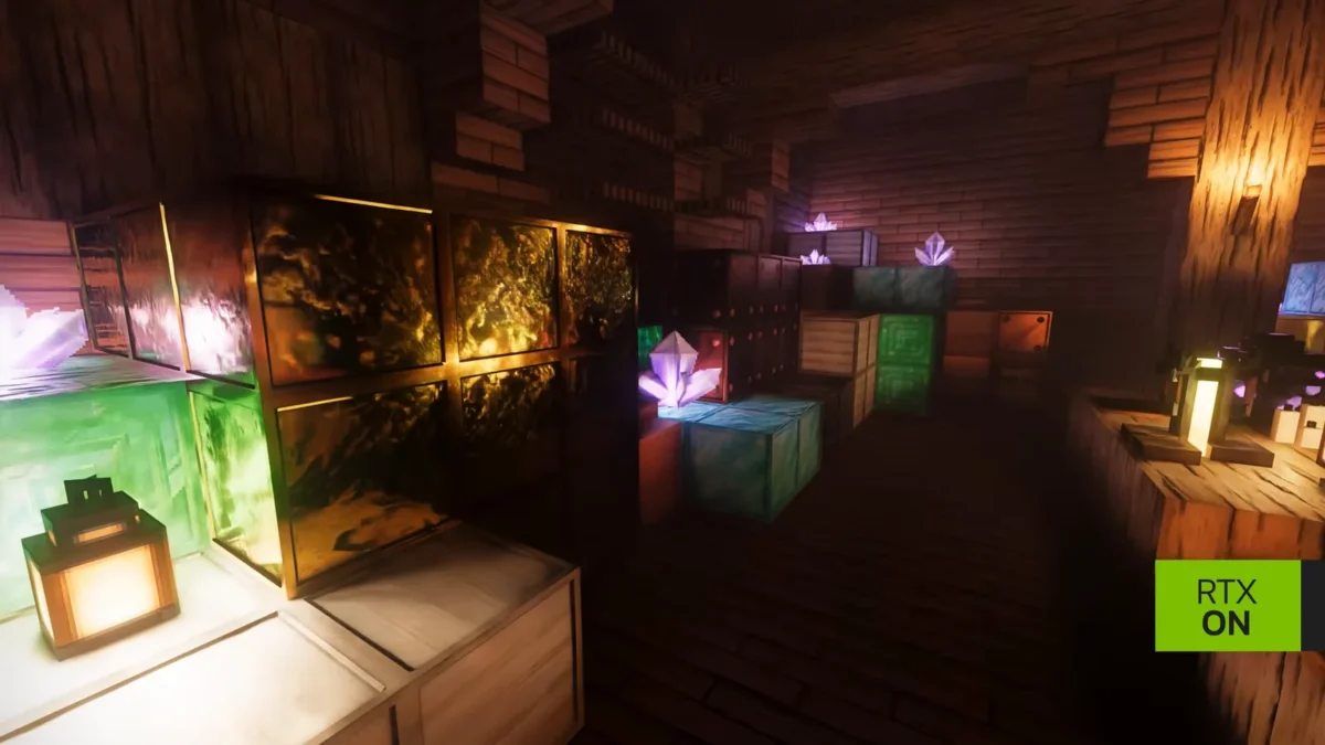 Blocs colorés, lanternes et surfaces réfléchissantes présentés dans une pièce Minecraft Java avec NVIDIA RTX Remix