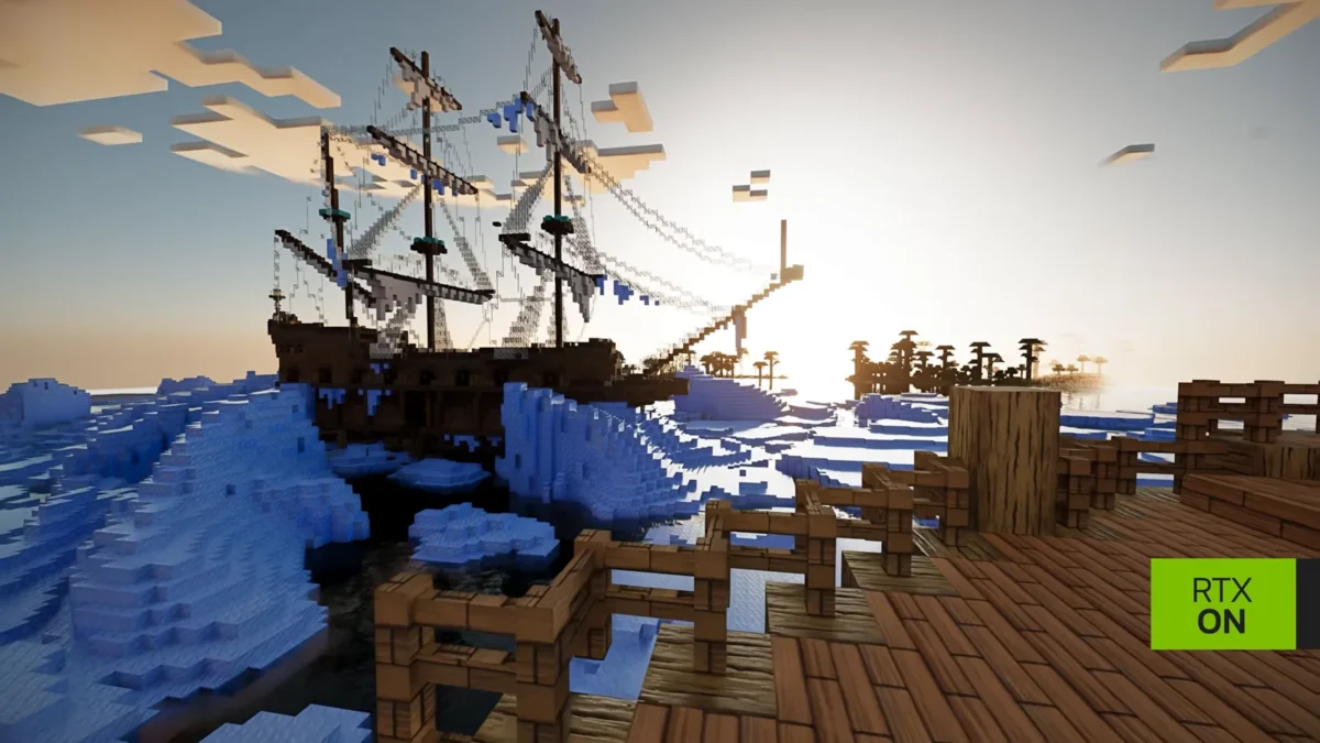 Grand navire en bois au bord de blocs de glace avec reflets dans Minecraft Java RTX Remix