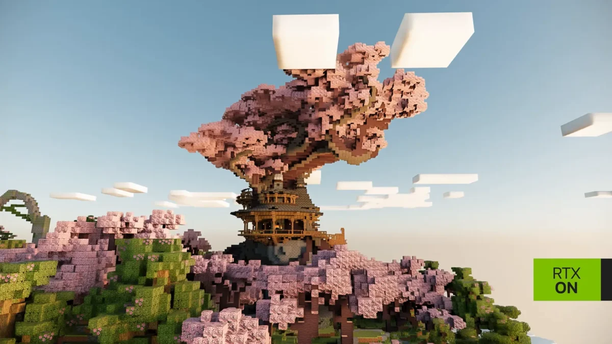 Pagode entourée de cerisiers roses dans la carte de démonstration Minecraft Java de NVIDIA RTX Remix