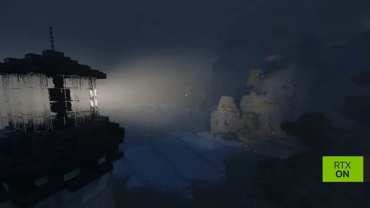 Faisceau lumineux dirigé vers un navire de nuit dans la démonstration NVIDIA RTX Remix pour Minecraft Java
