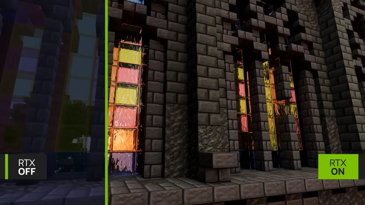 Vitraux colorés et murs de pierre éclairés dans une construction Minecraft Java utilisant NVIDIA RTX Remix