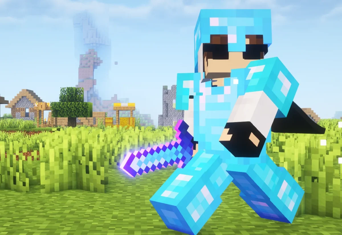 Personnage Minecraft en armure de diamant tenant une épée courte violette et cyan du pack Spunky PVP