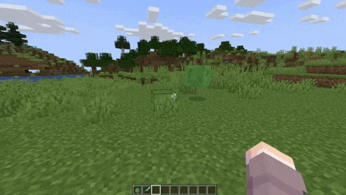 Particules environnementales discrètes ajoutées dans une prairie Minecraft par le mod Visuality