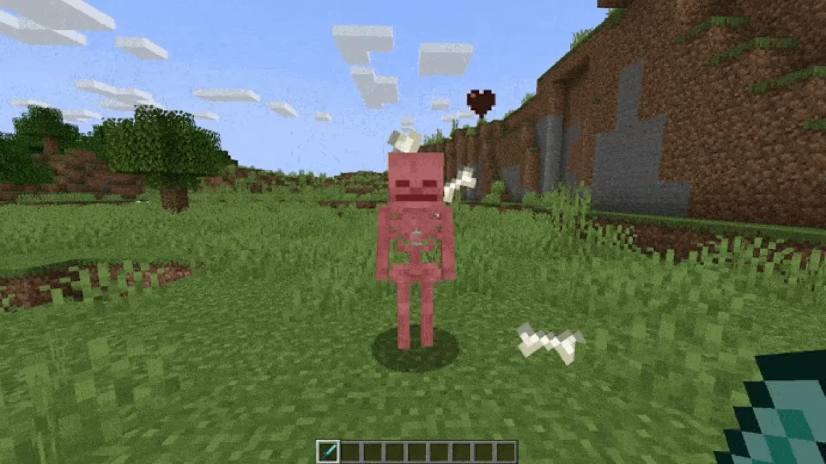 Squelette rougi par un impact entouré de particules ajoutées par Visuality dans Minecraft